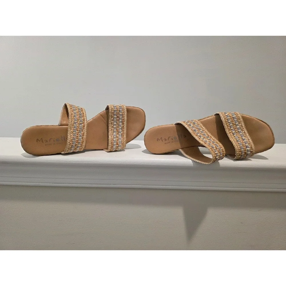 Women's sz 9 Mariella Made in Italy Tan Rhinestone Espadrille Wedge Sandals